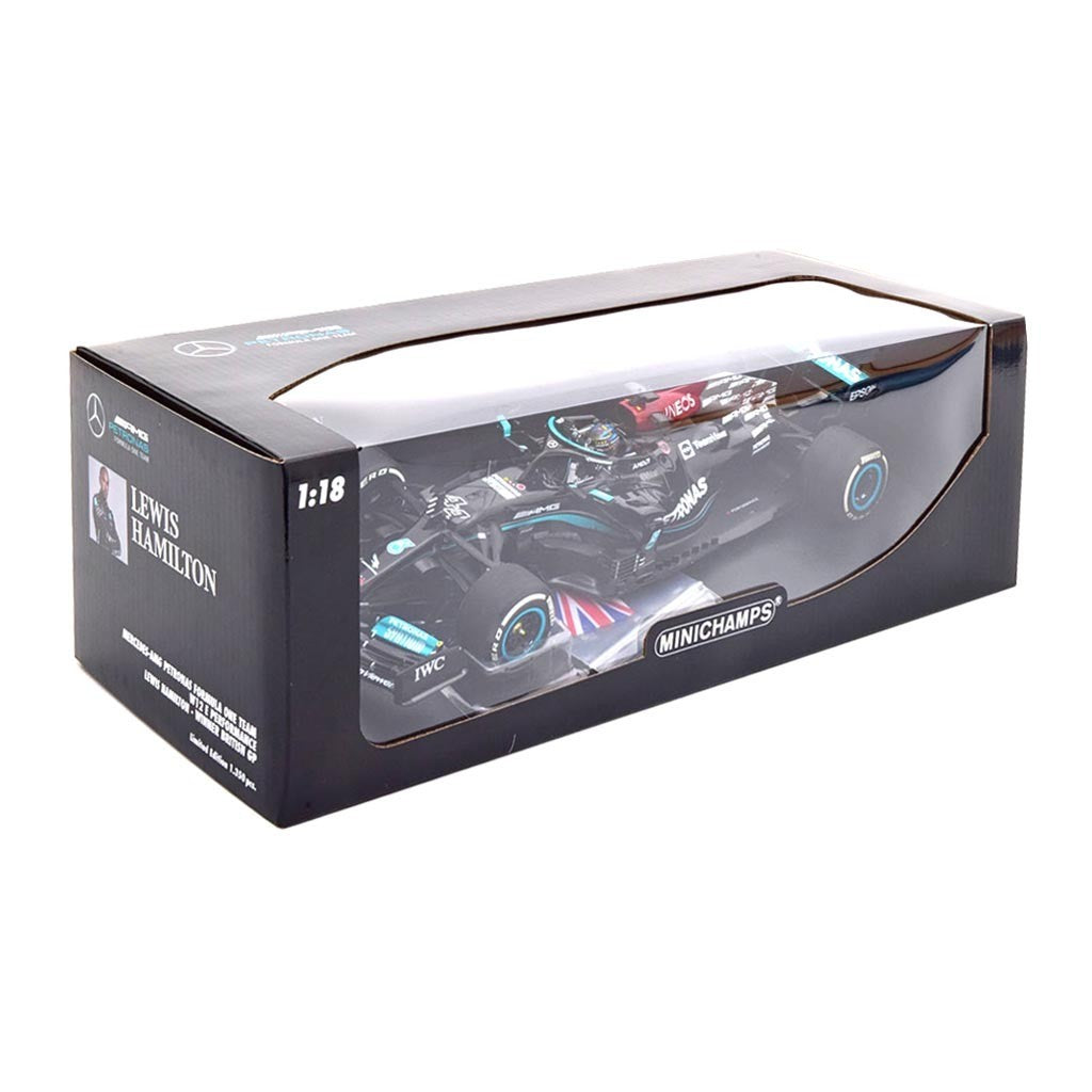 MERCEDES AMG W12 E PERFORMANCE WINNER GP GREAT BRITAIN 2021 HAMILTON WITH UNION JACK MINICHAMPS 1:18